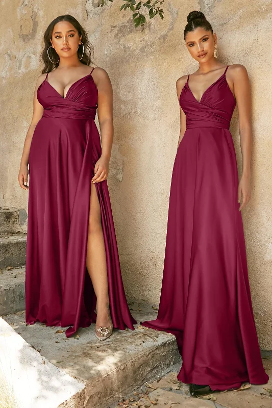 Cinderella Divine CD7485 Slit Long Prom Dress Burgundy