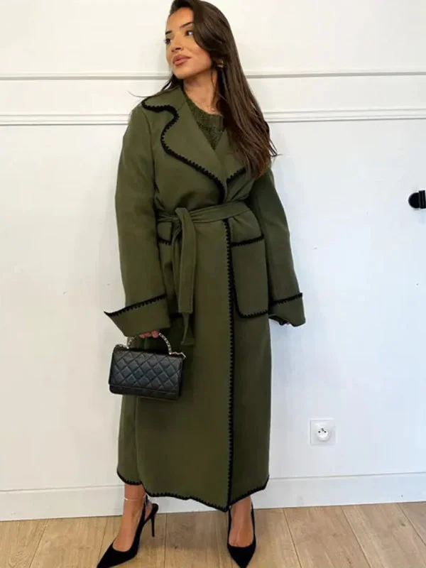 Women's new long-sleeved lapel wool lace-up coat