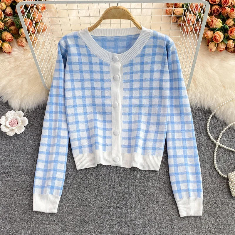 Cute Plaid Long Sleeve Cardigan Sweater  141