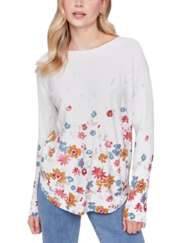 Floral Printed Plush Knit Sweater In Ivory