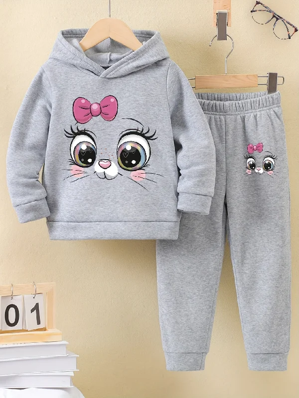 Girls 2-Piece Cartoon Cat Pattern Hooded Sweatshirt and Sweatpants Set ??