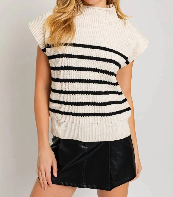 Mock Neck Stripe Sweater In Cream