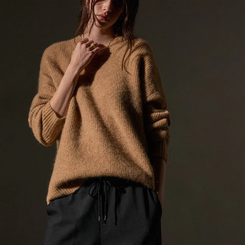 Oversized Waffle Knit Crew - Camel