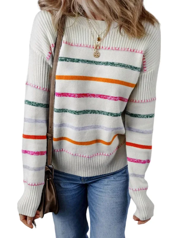 Stripe Ribbed Trim Sweater In White