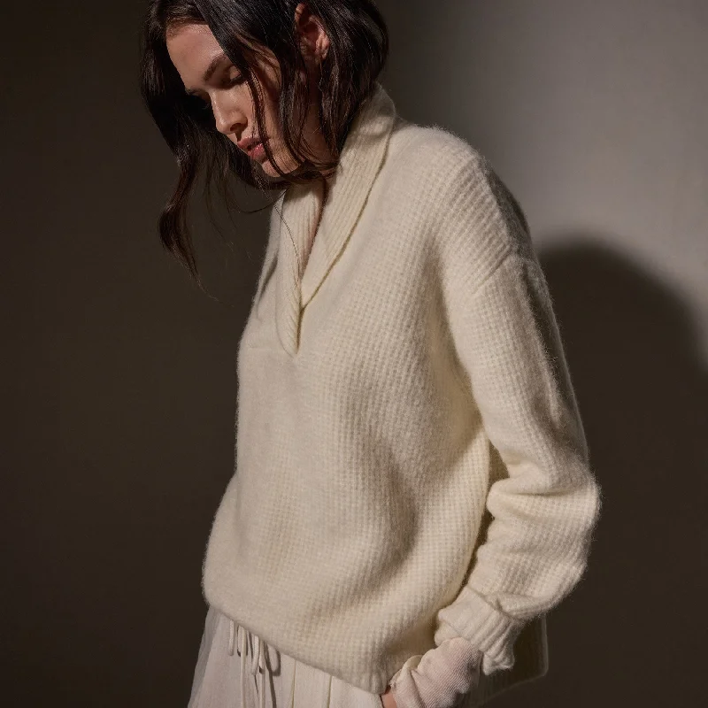 Waffle Knit Shawl Collar Sweater - Ivory