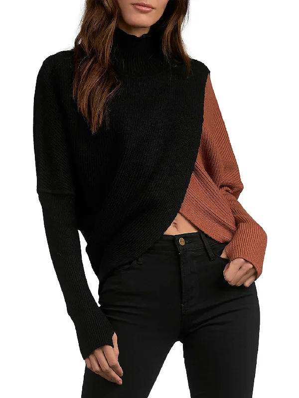 Womens Ribbed Knit Colorblock Mock Turtleneck Sweater