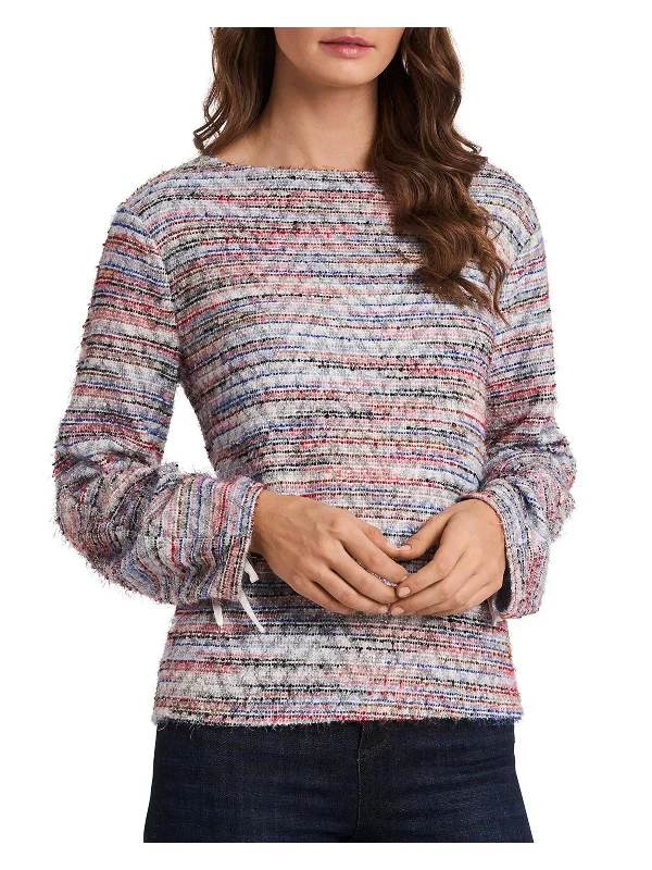 Womens Striped Textured Crewneck Sweater