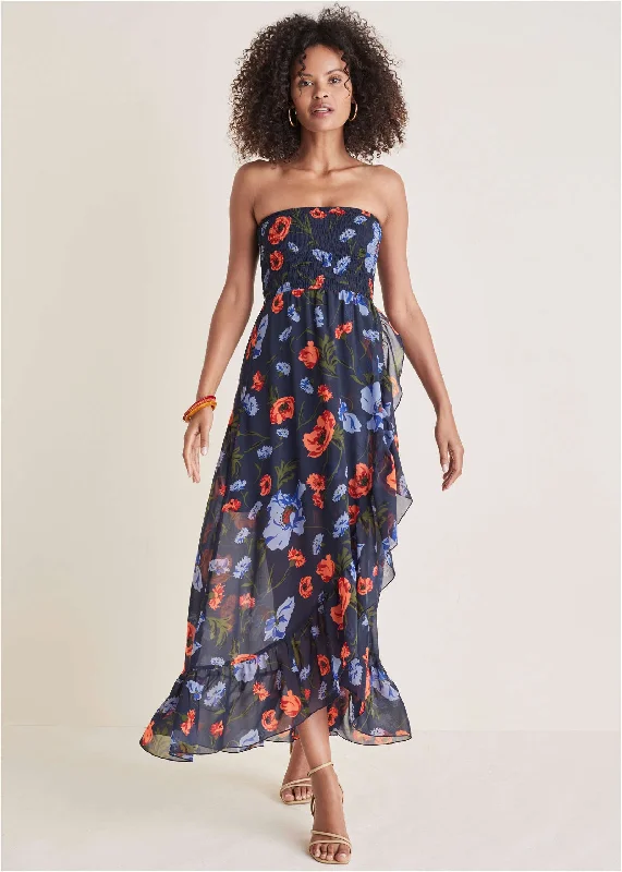 Strapless Smocked Maxi - Forest Floral Iris