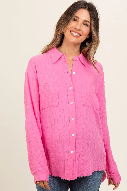 Pink Front Pocket Fringe Hem Button Up Maternity Shirt