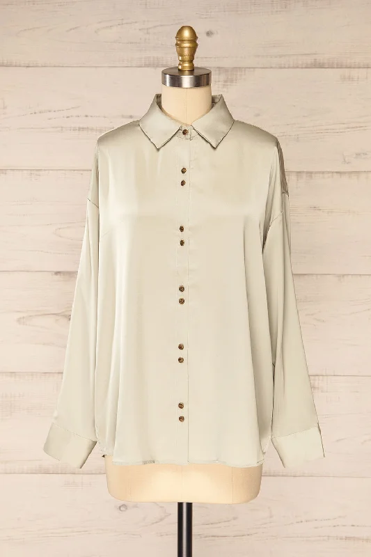 Stratford Sage | Satin Shirt w/ Double Buttons