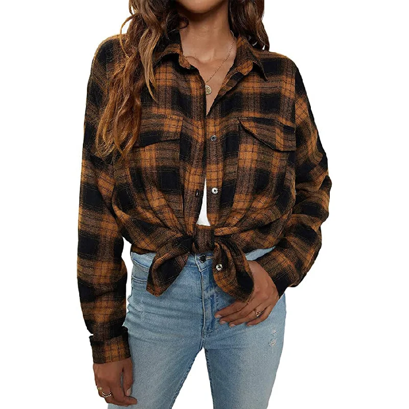 Women's Button Flannel Shirt Plaid Long Sleeve Top