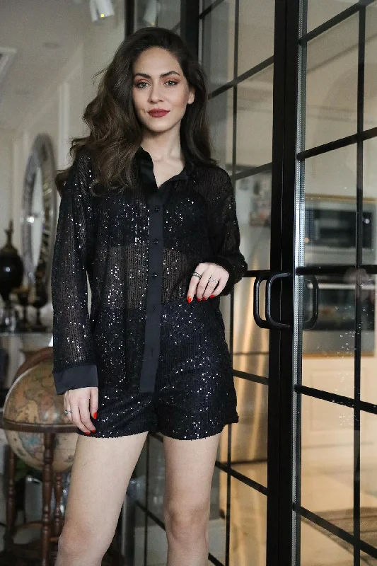 Women's Satin Garnished Sequin Shirt - Black