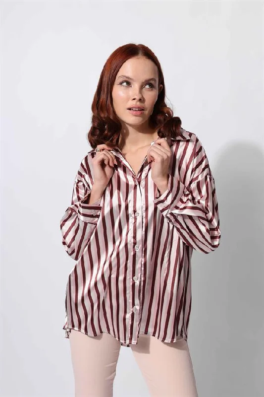 Women's Satin Striped Shirt Brown