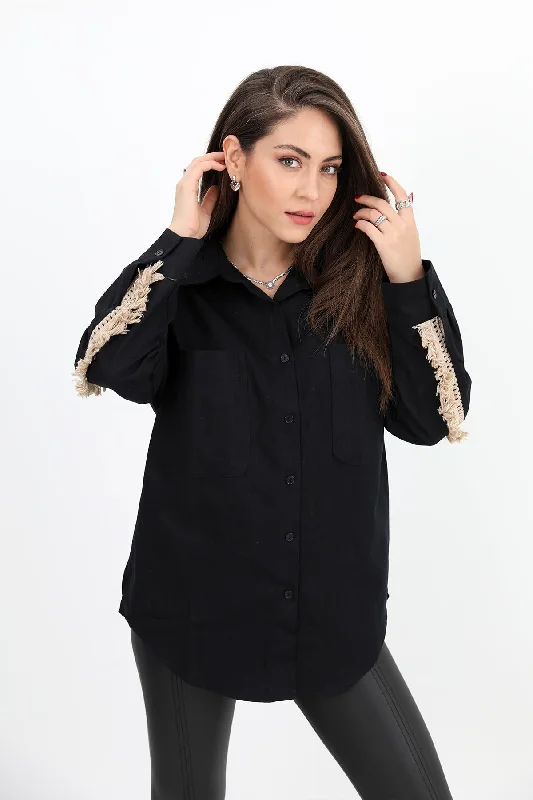 Women's Shirt Gabardine Embroidered on the Back with Tassels - Black