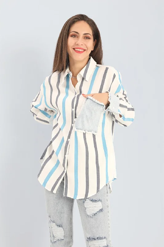 Women's Shirt Linen Garnish Striped Jeans - Blue