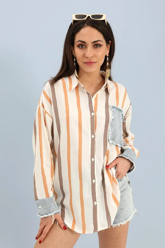 Women's Shirt Linen Garnish Striped Jeans - Orange