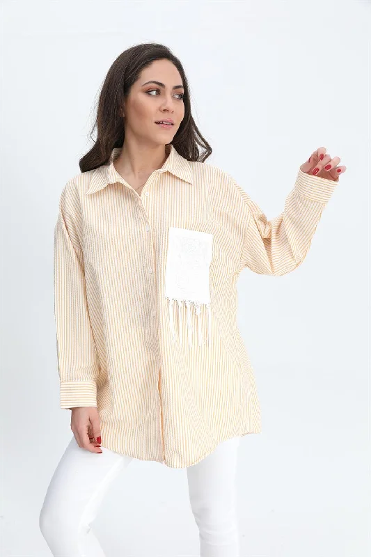 Women's Shirt Pocket Embroidery Tasseled Sequins - Mustard