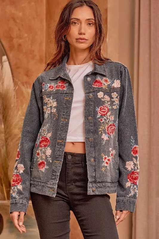 Floral Embroidered Denim Jacket, Charcoal