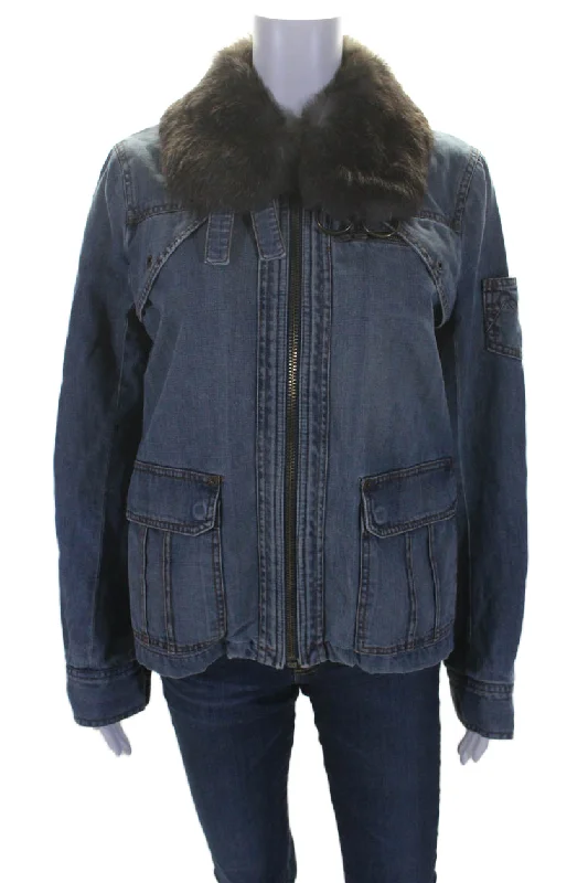 Marc Jacobs Womens Cotton Full Zip Fur Trim Denim Jacket Blue