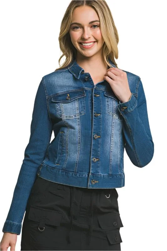 Distressed Button Up Stretchy Cotton Denim Jacket