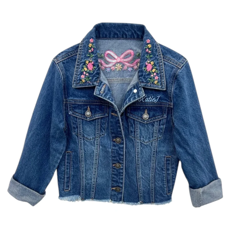 EMBROIDERED BOW DARK WASH DENIM JACKET (PREORDER)