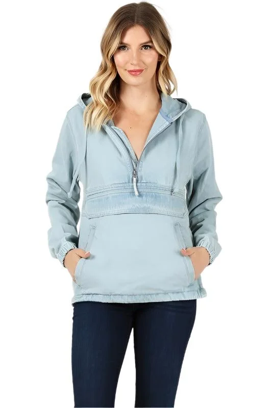 Ladies Half Zip Pullover Denim Jean Jacket with Hood