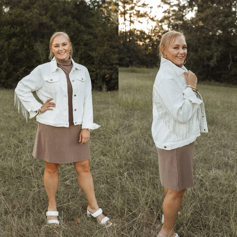 Rhinestone Cowgirl Crystal Fringe Denim Jacket in White