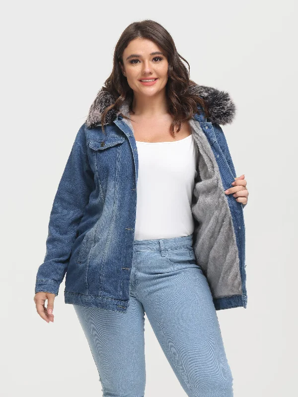 Midsize Button Plush Hooded Denim Jacket