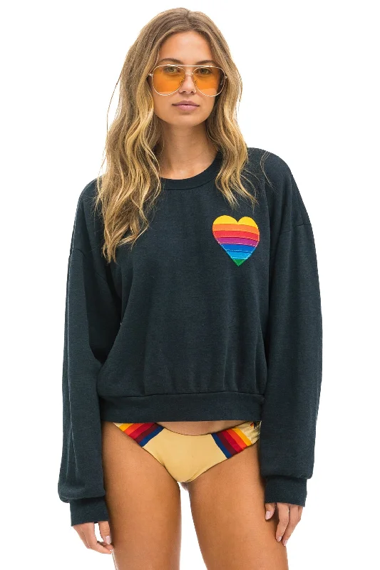 RAINBOW HEART STITCH RELAXED CREW SWEATSHIRT - CHARCOAL