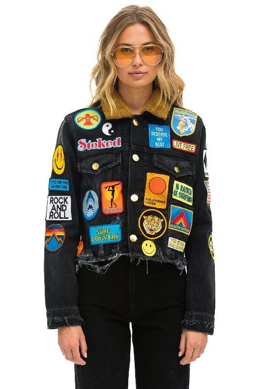 VINTAGE PATCH UNISEX CROP DENIM JACKET - VINTAGE BLACK