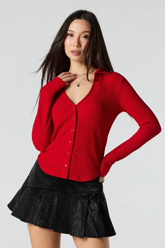 Textured Long Sleeve Button-Up Top