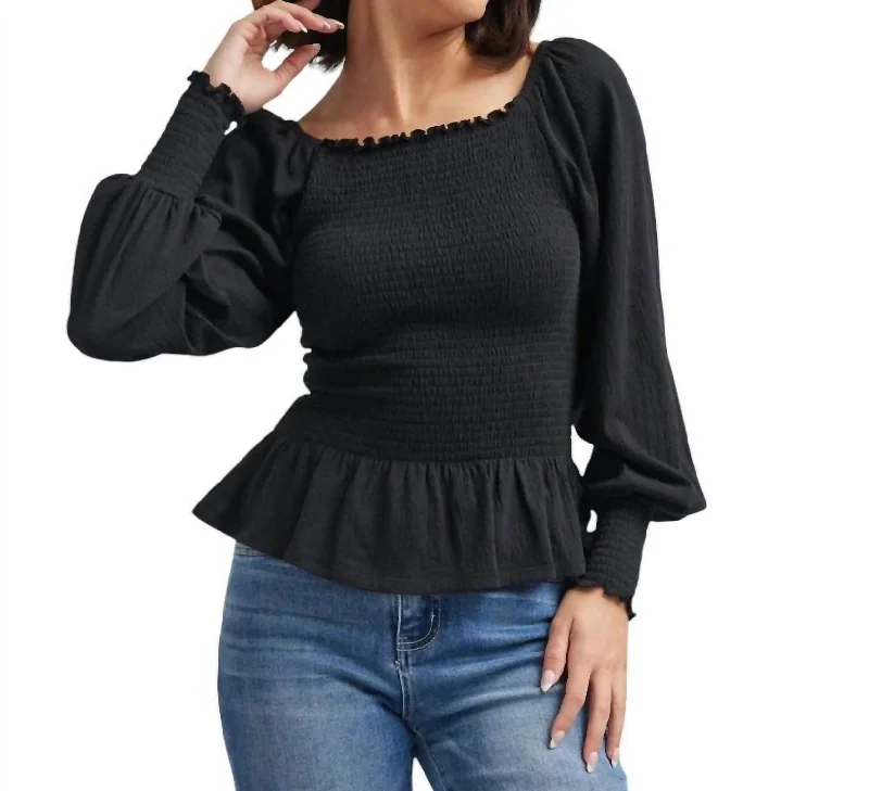 Cecilia Long Sleeve Smocked Blouse In Black