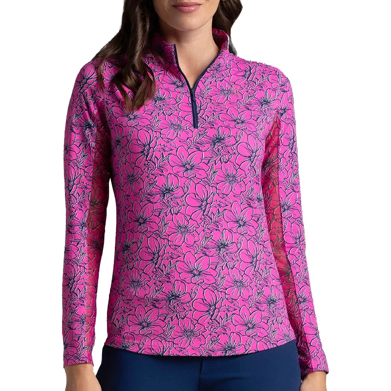 IBKUL Women's Diana Long Sleeve Mock Neck Top - Hot Pink/Navy