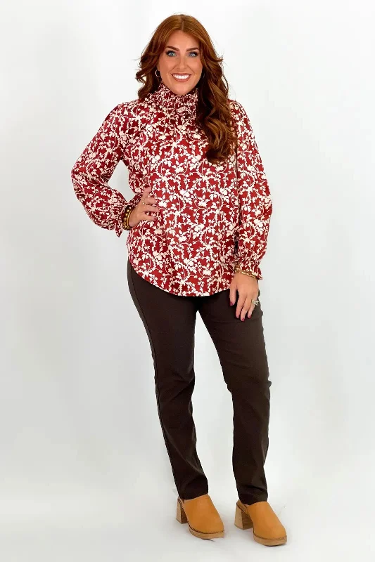 Rust Floral Print Mock Neck Long Sleeve Top