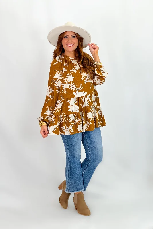 Caramel Floral Print Long Sleeve Top