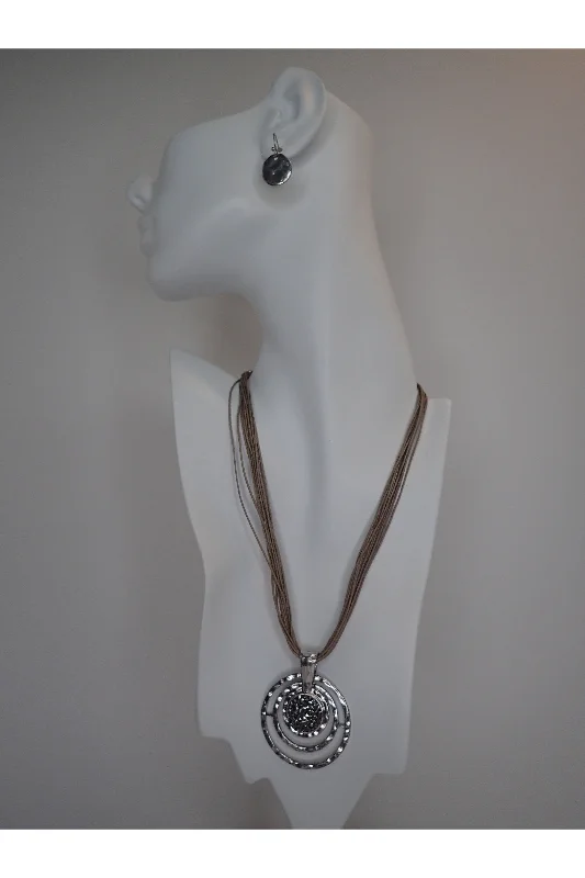 Multi Leather Strand Necklace With Silver Medallion Set