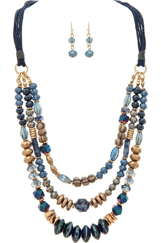 Rain Jewelry Gold Blue Glass Ceramic Bead Necklace Set