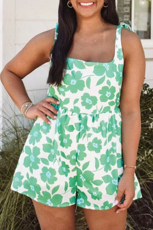 Green Flower Knotted Straps Romper Set