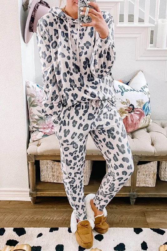 Sassy Leopard Drawstring Hoodie Pajama Set