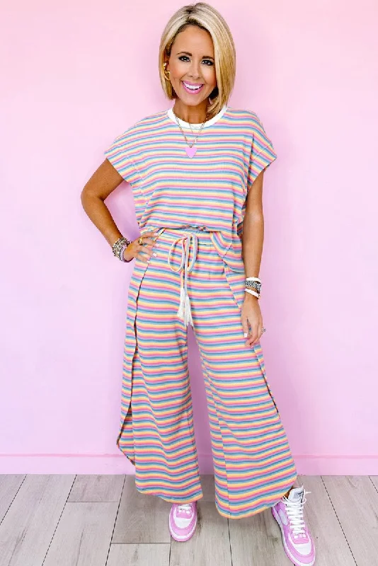 Ciera Rainbow Pink Striped Wide Leg Pants Set