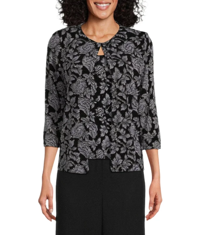 Alex Evenings 3/4 Sleeve Mandarin Collar Scoop Neck Floral 2-Piece Twinset (Petite)