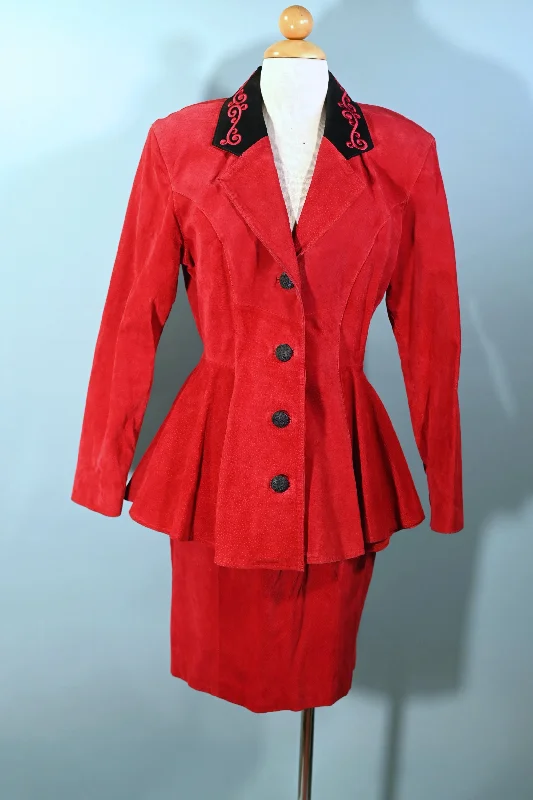 SOLD Chia Vintage 80s Does 40s Red Suede Peplum Jacket/Skirt Suit, 2 Piece Set Fits S