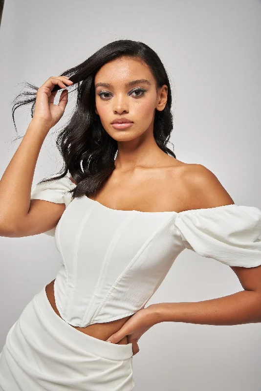 Ecru Off the Shoulder Puff Sleeve Corset Top